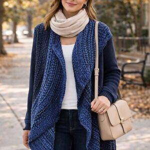 Ethyl Blue Knit Cardigan Open Front Textured Boho Cozy Sweater M Crochet Cozy
